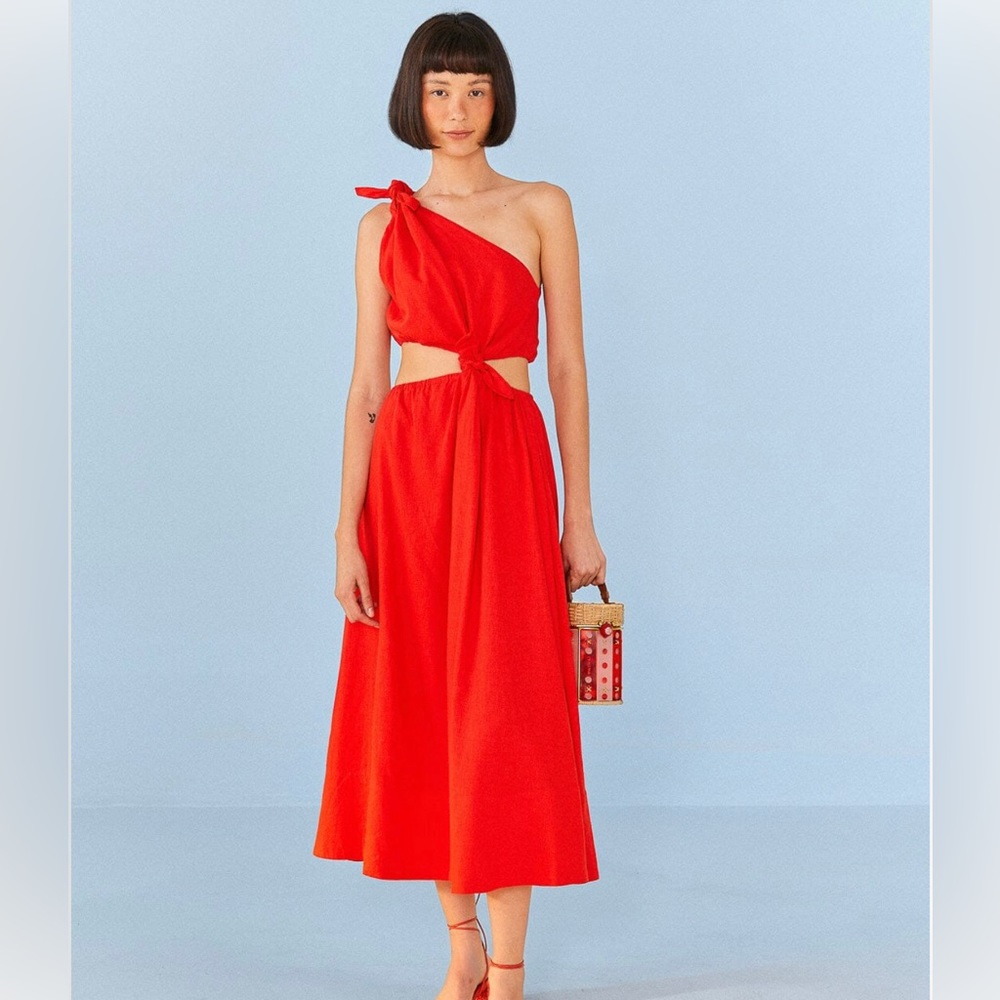 FARM Rio Red One-Shoulder Midi Dress with Cutouts